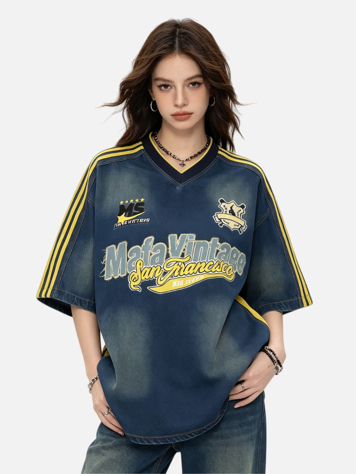 Haaura Denim Color Block Embroidered Soccer Jersey