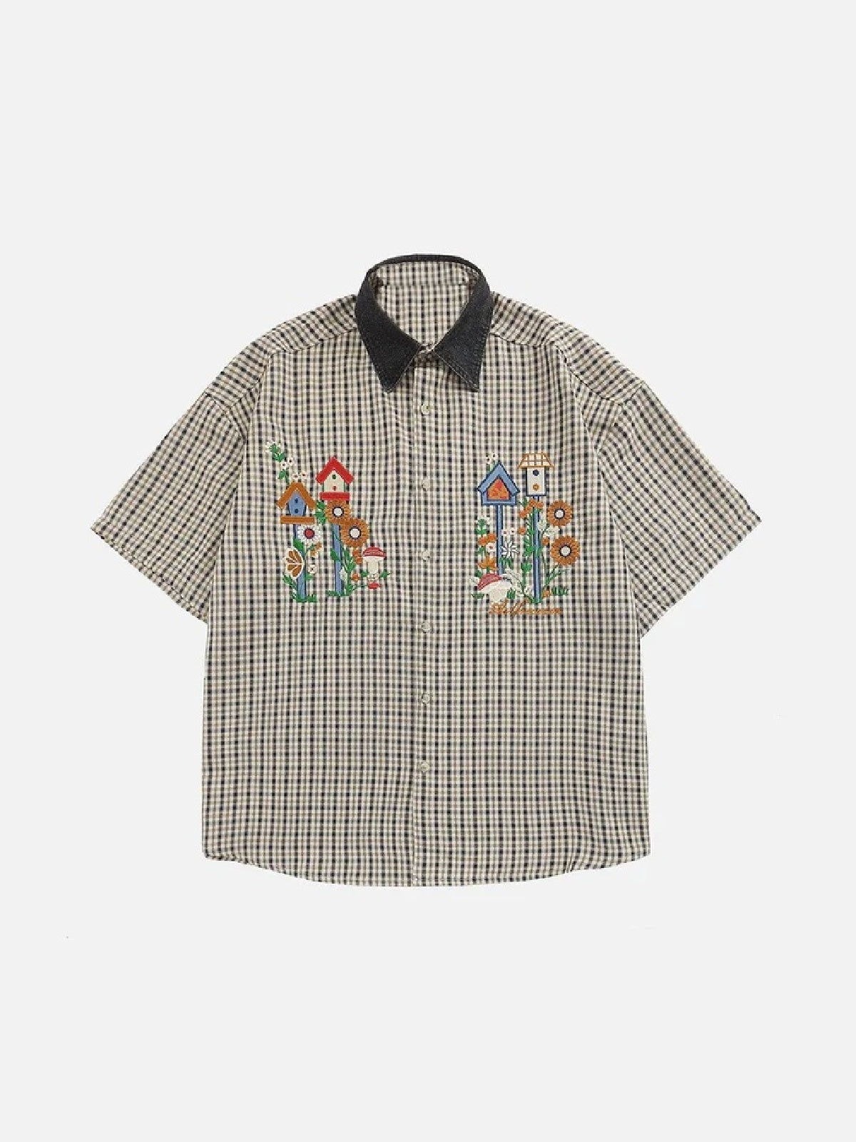Haaura Plaid Embroidery Short Sleeve Shirt