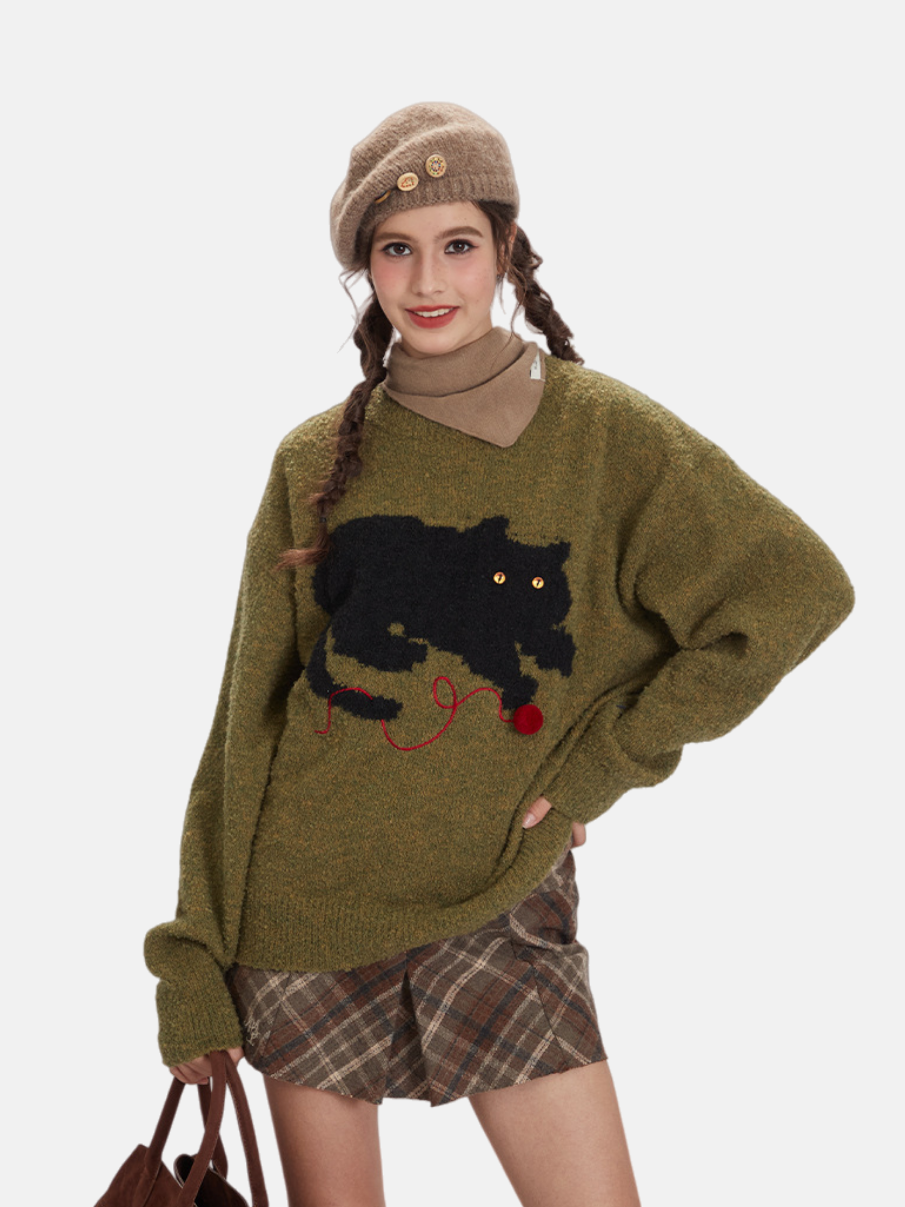 Haaura Embroidered Kitten Yarn Ball Knit Sweater