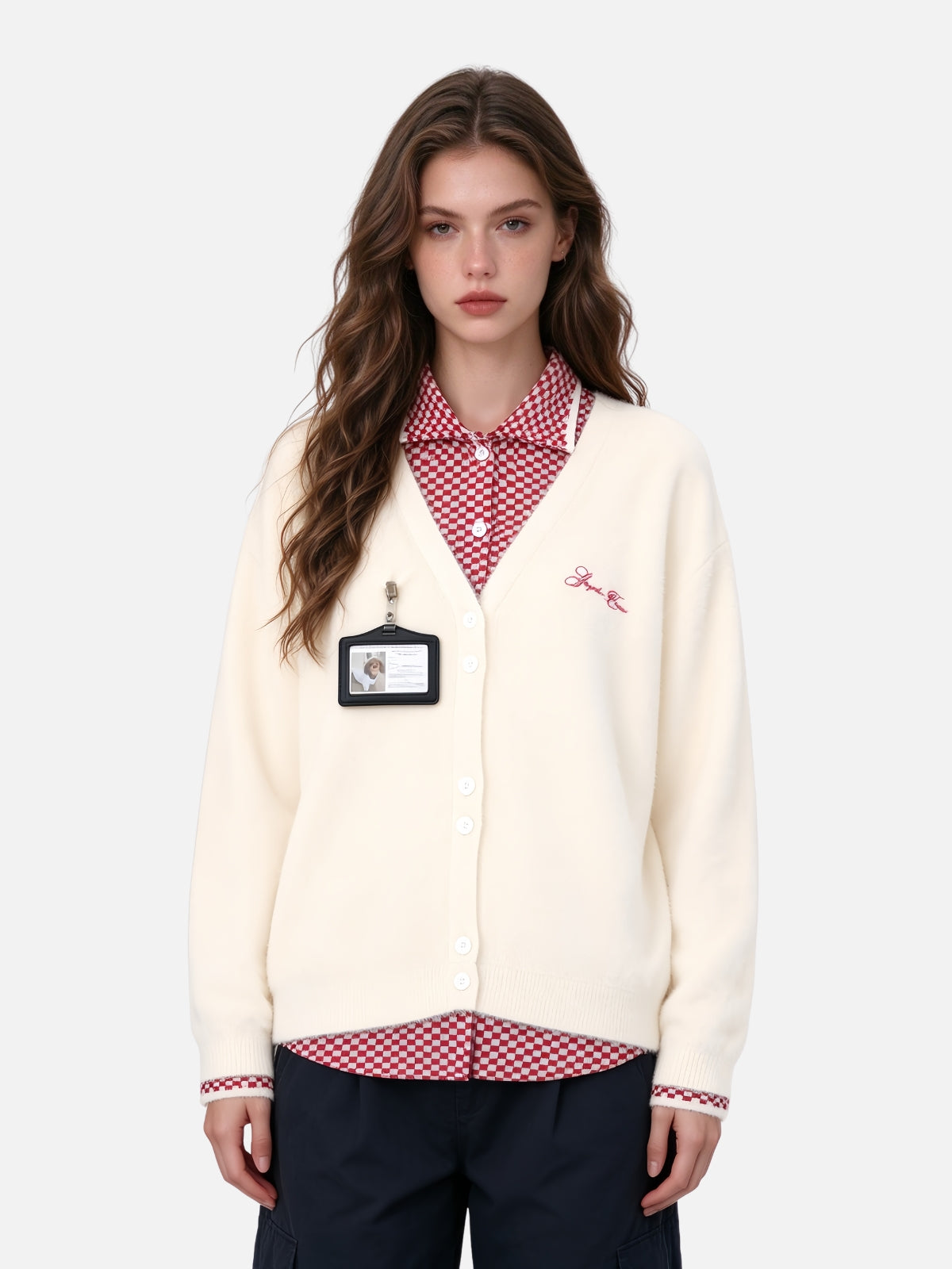 Haaura Gingham Trim Knit Cardigan