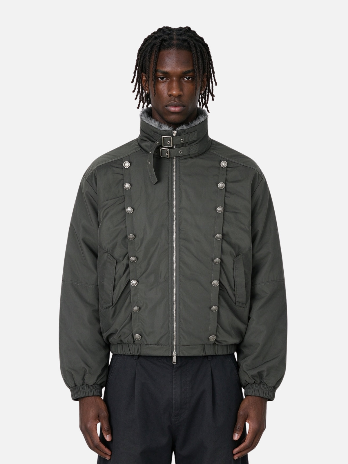 Haaura Fur Collar Double Breasted Bomber Jacket