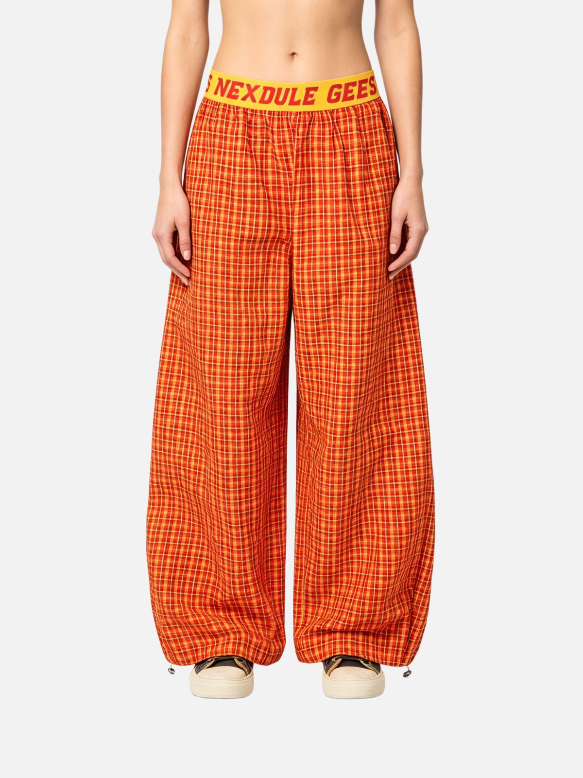 Haaura Checkered Bold Letter Waistband Baggy Pants