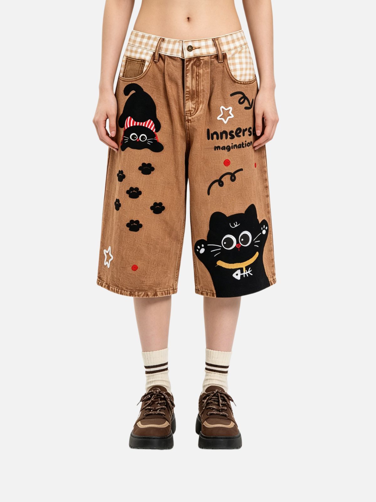 Haaura Cat Chenille Embroidery Gingham Jorts