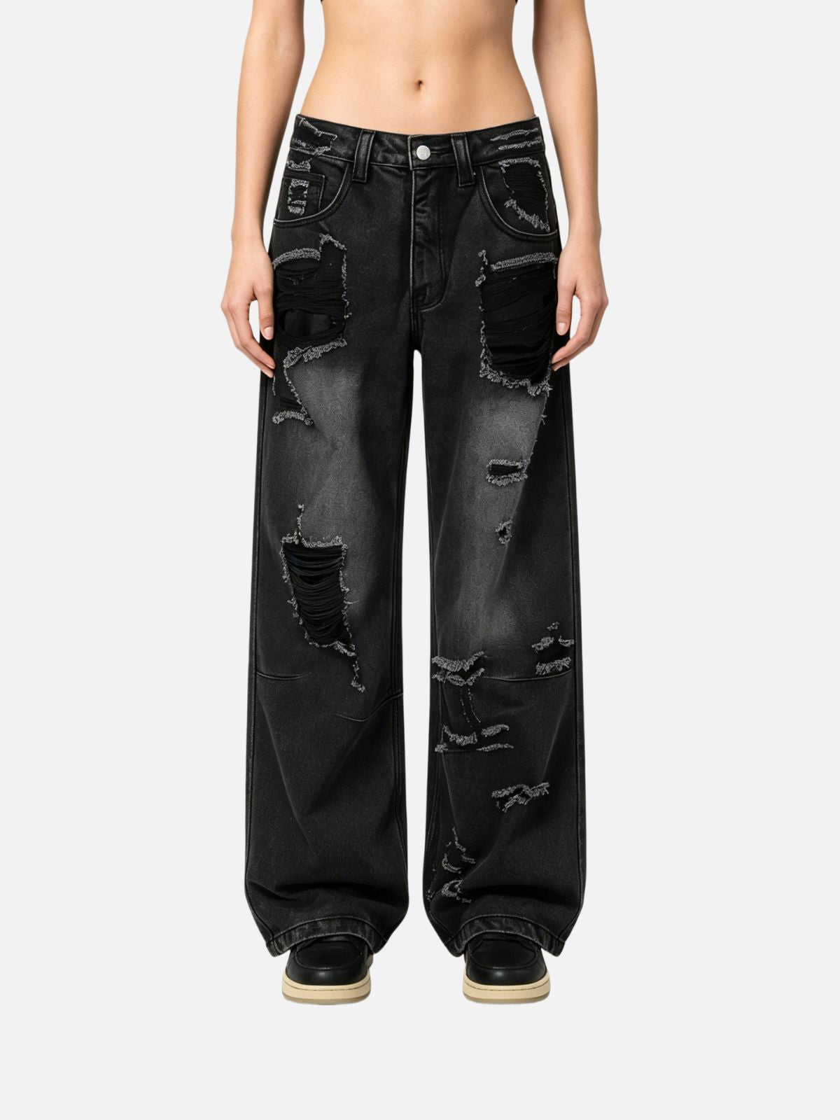 Haaura Wash Destructed Whiskering Baggy Jeans