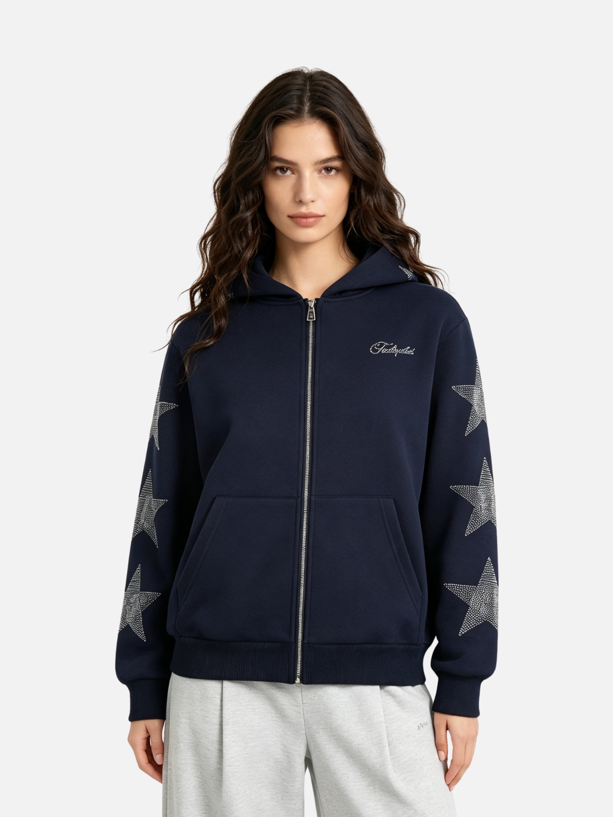Haaura Rhinestone Star Sleeve Zip Up Hoodie
