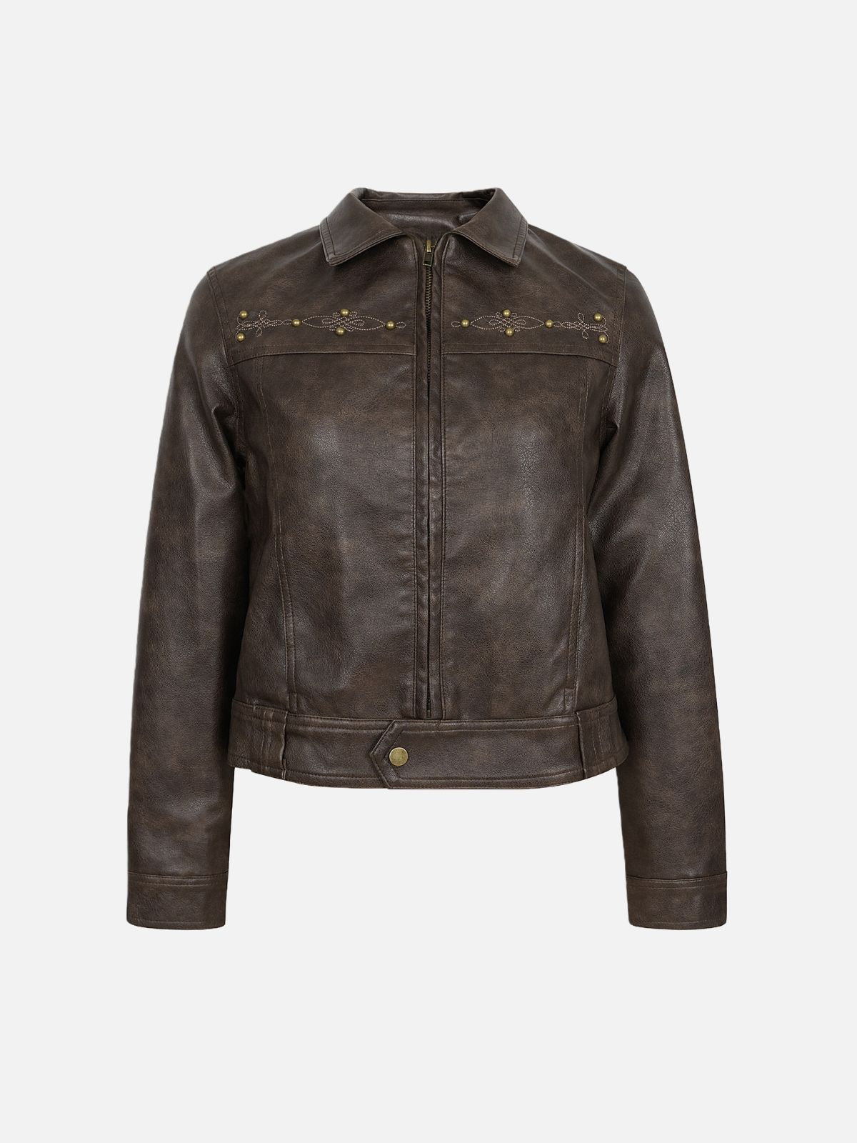 Haaura Rivet Embroidery Belted Biker Jacket