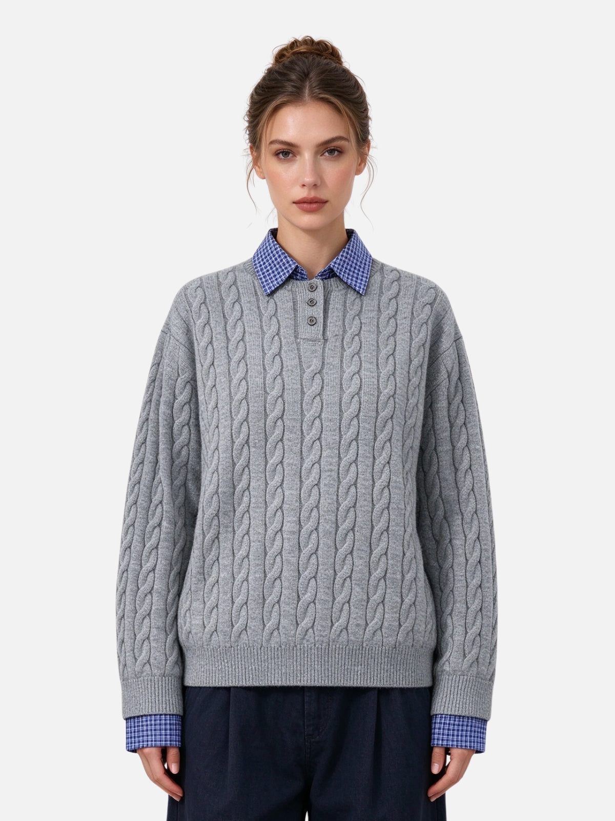Haaura Button Placket Cable Knit Sweater