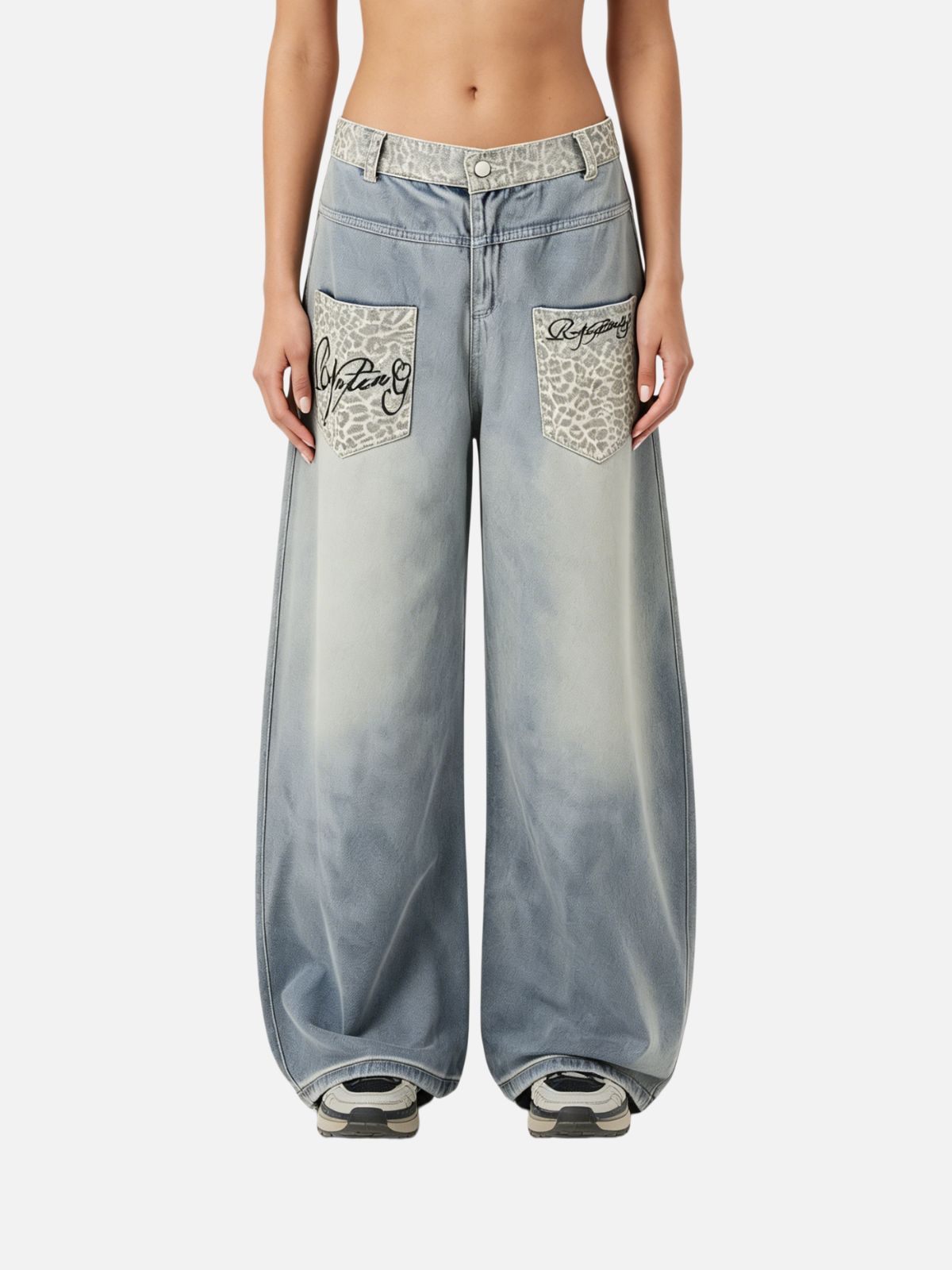 Haaura Baggy Wash Leopard Print Jeans