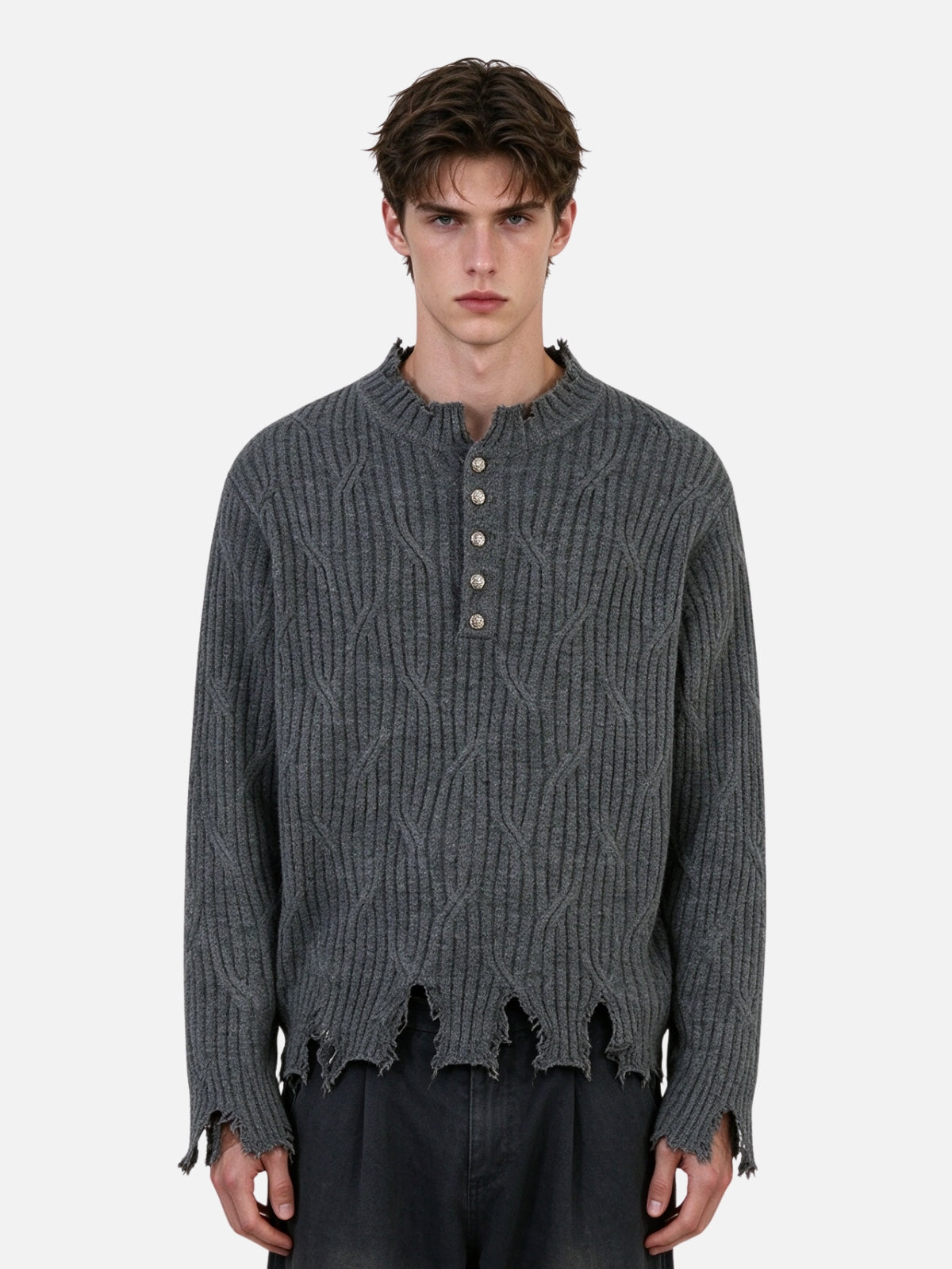 Haaura Cable Knit Distressed Metal Button Sweater