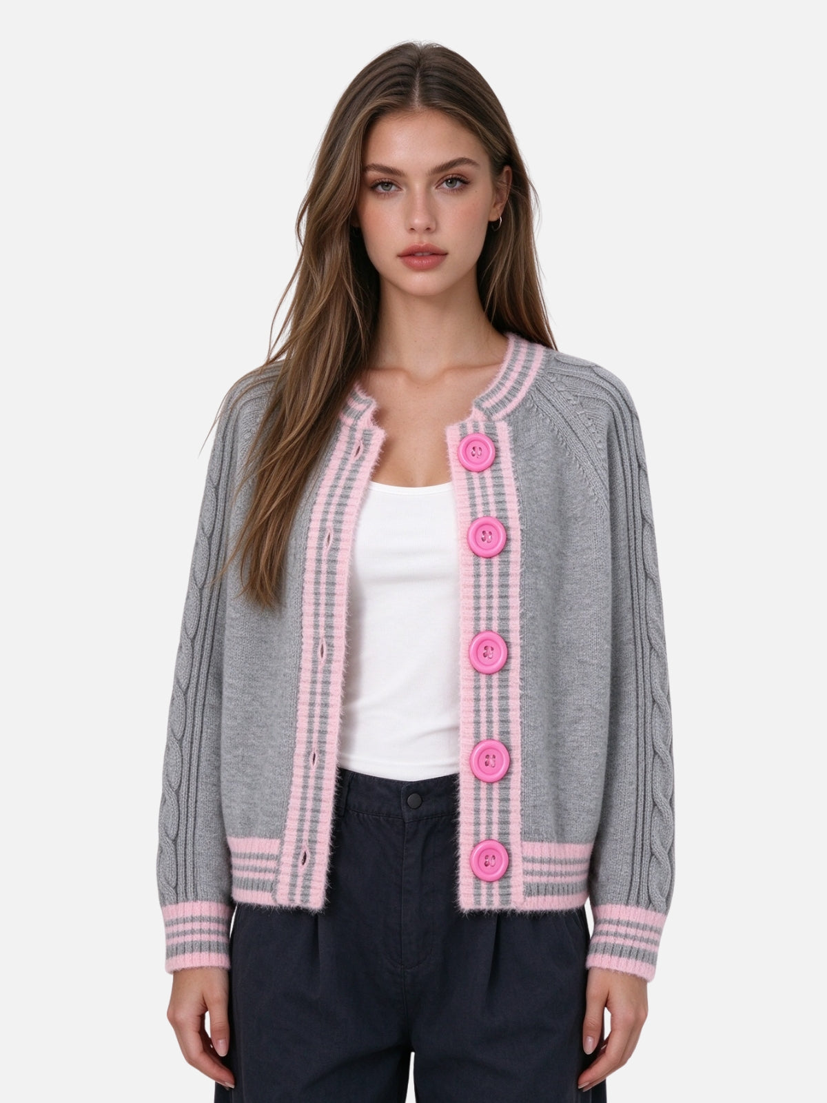 Haaura Contrast Stripe Button Up Knit Cardigan