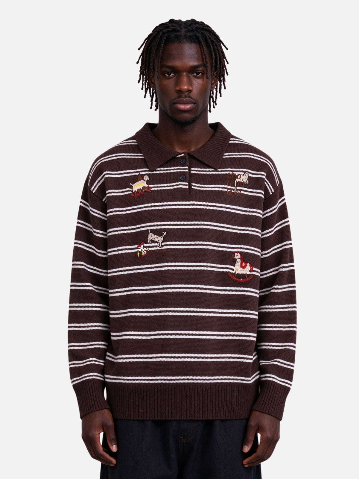 Haaura Striped Animal Embroidery Polo Sweater