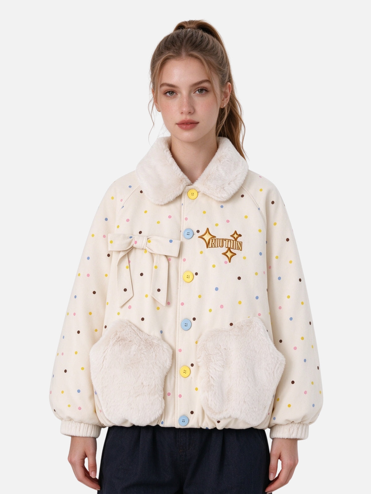Haaura Polka Dot Faux Fur Collar Jacket