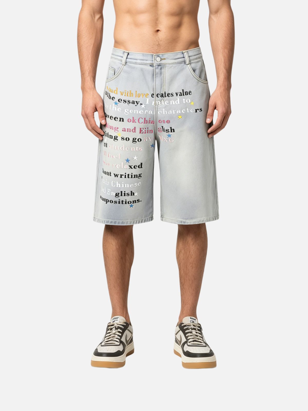 Haaura Wide-Leg Colorful Text & Star Jorts