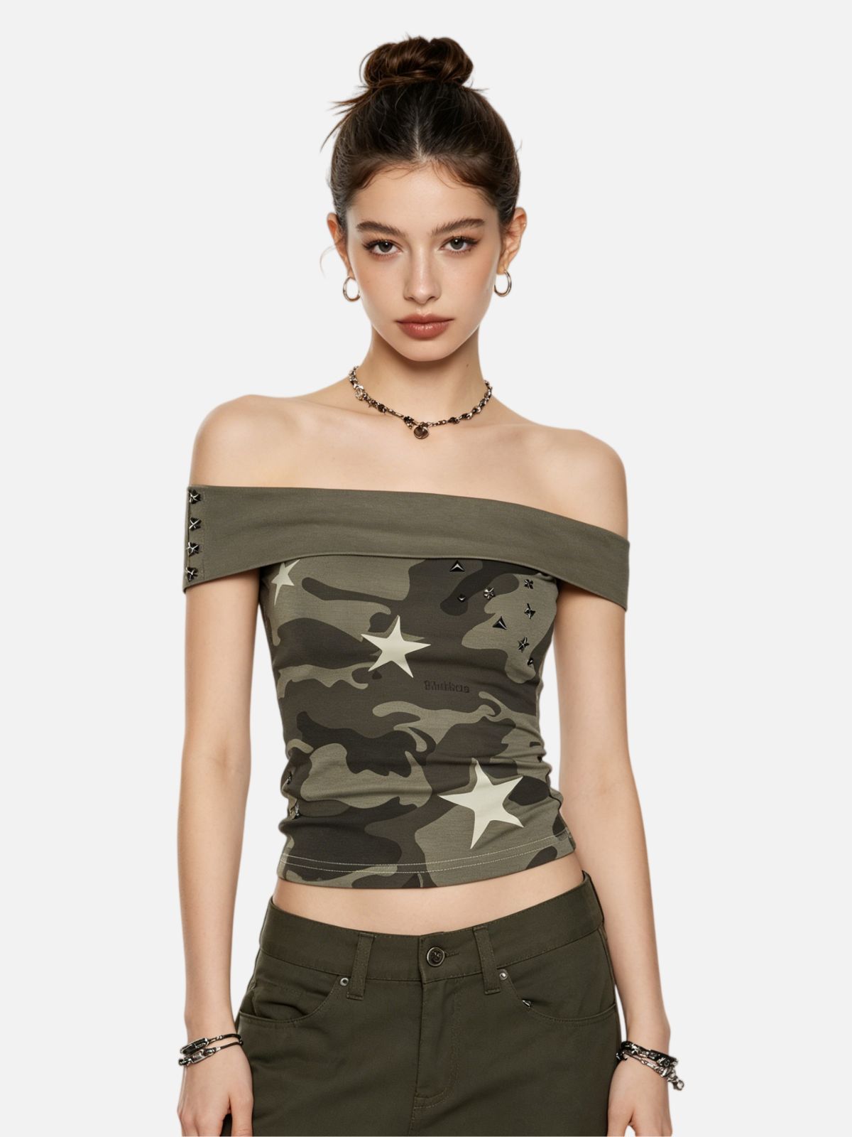 Haaura CAMO Studded Off-Shoulder Tube Top