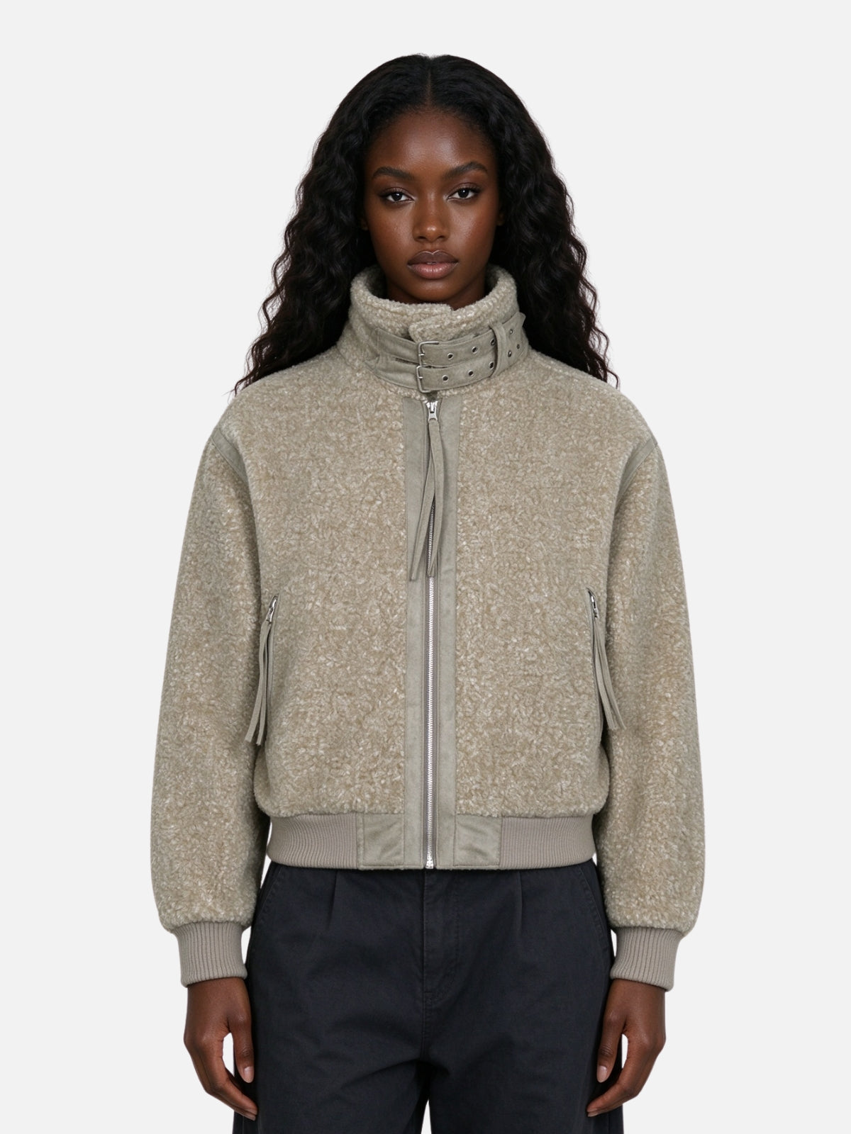 Haaura Boucle Wool Zip Up Bomber Jacket