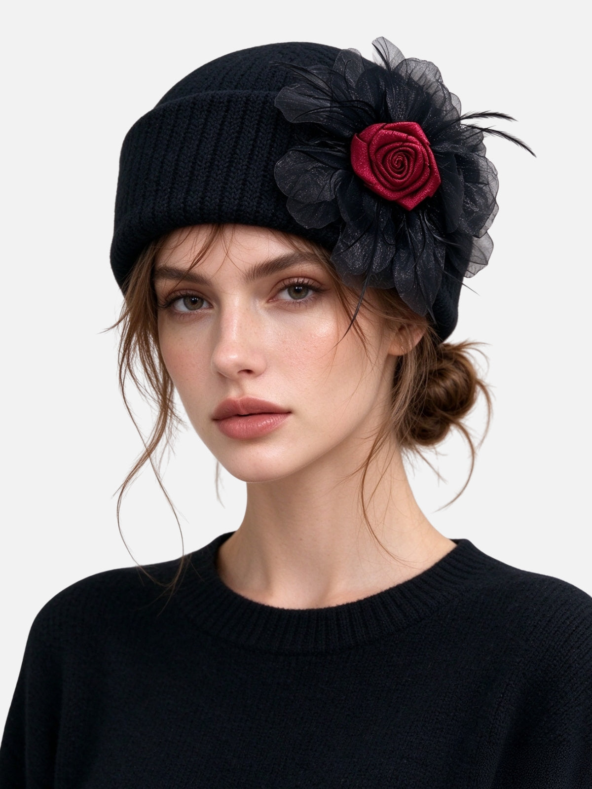 Cozy Rosette Tulle Knit Beret