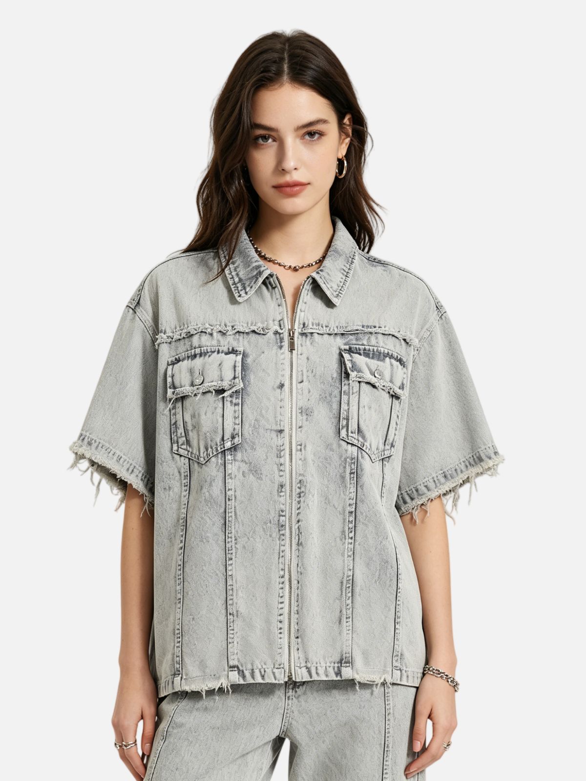Haaura Fringe Denim Zip Up Shirt