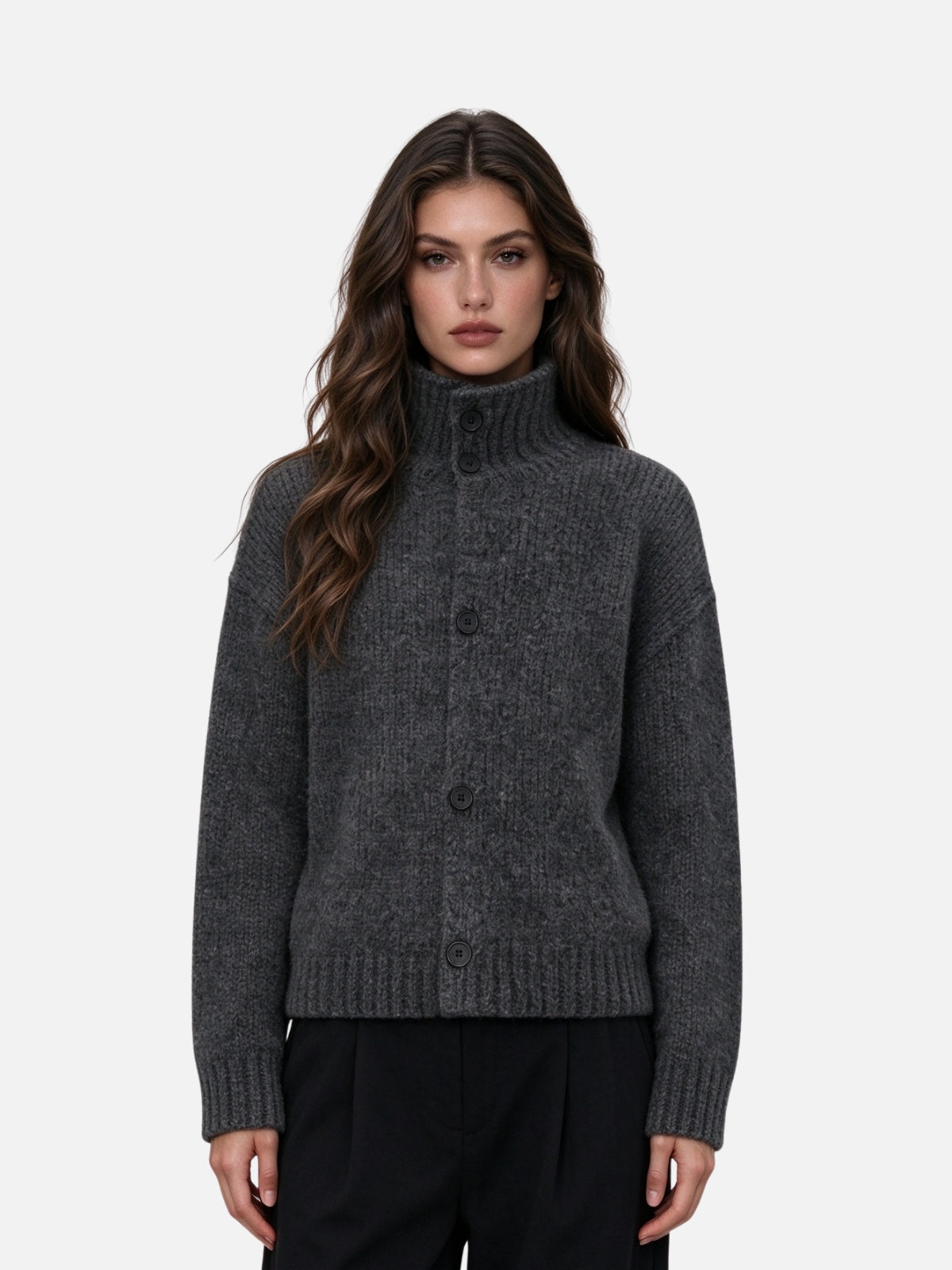 Haaura Button High Neck Knit Cardigan