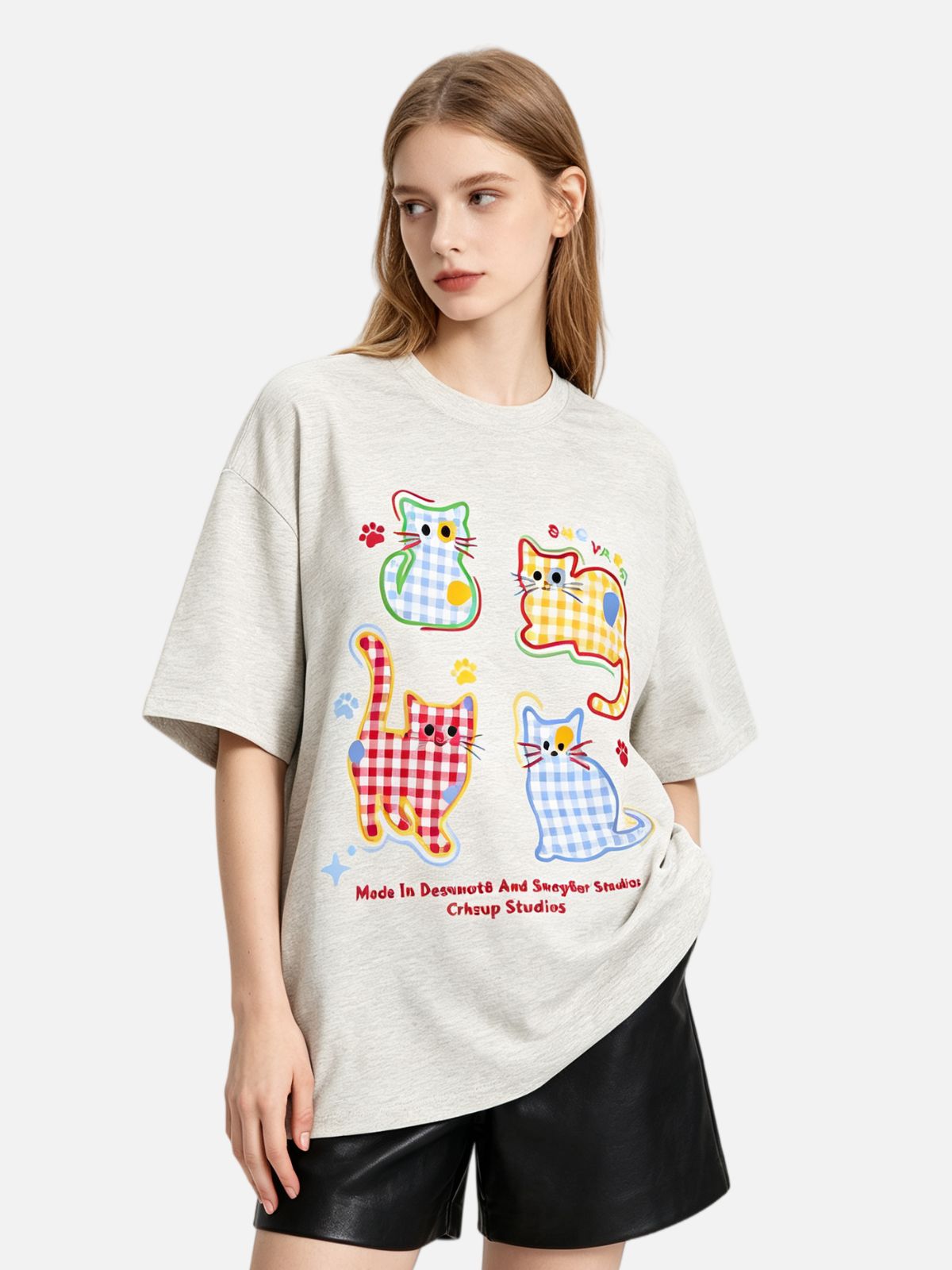Haaura Gingham Cat Graphic Tee