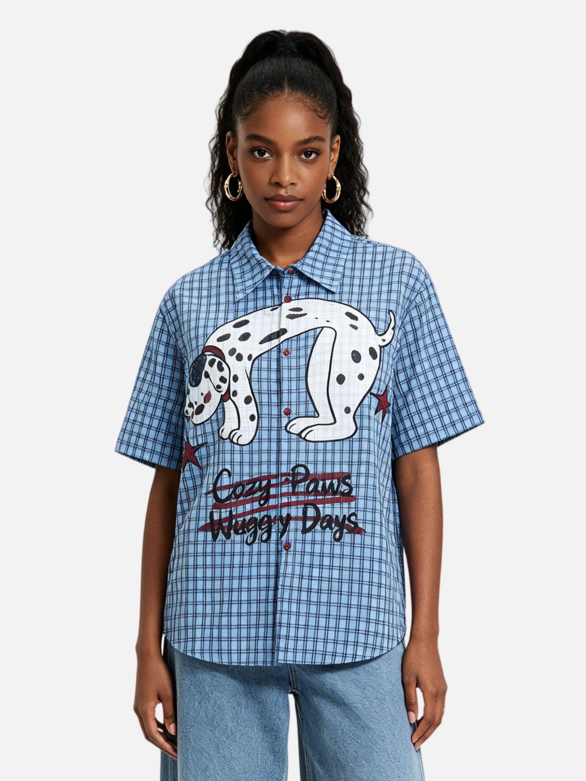 Haaura Gingham Stretching Dalmatian Print Shirt