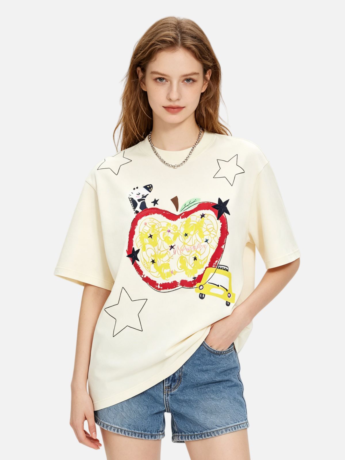 Haaura Apple & Cartoon Dog Graphic Tee