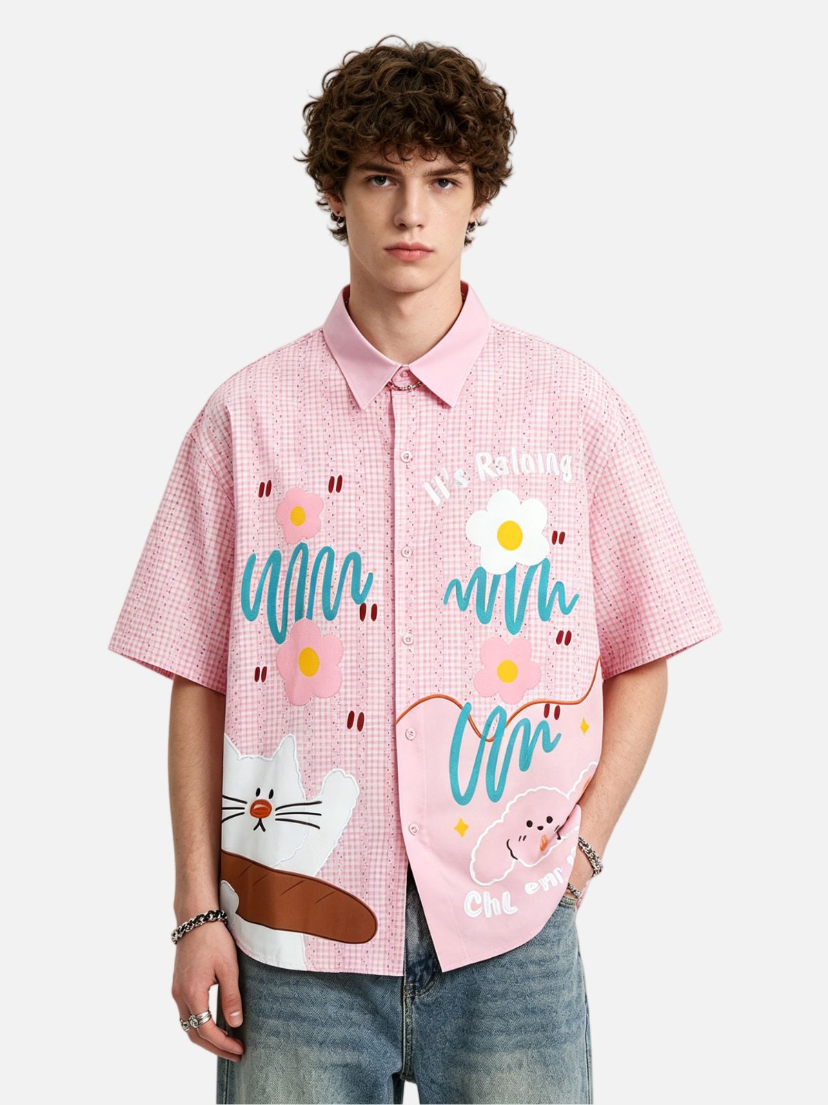 Haaura Oversized Gingham Cat & Rabbit Shirt