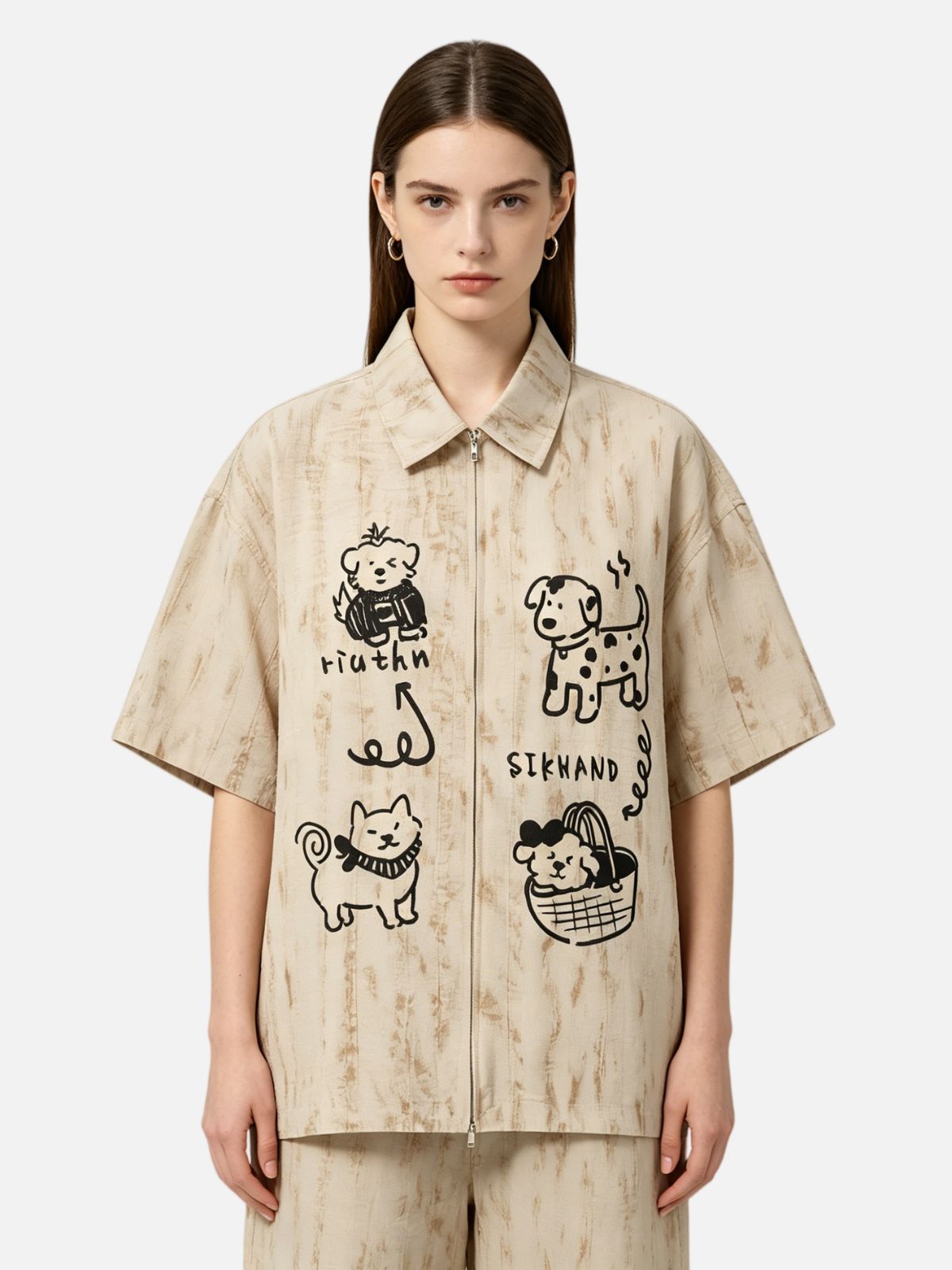 Haaura Vintage Wash Hand-Drawn Cartoon Dog Zip-Up Shirt