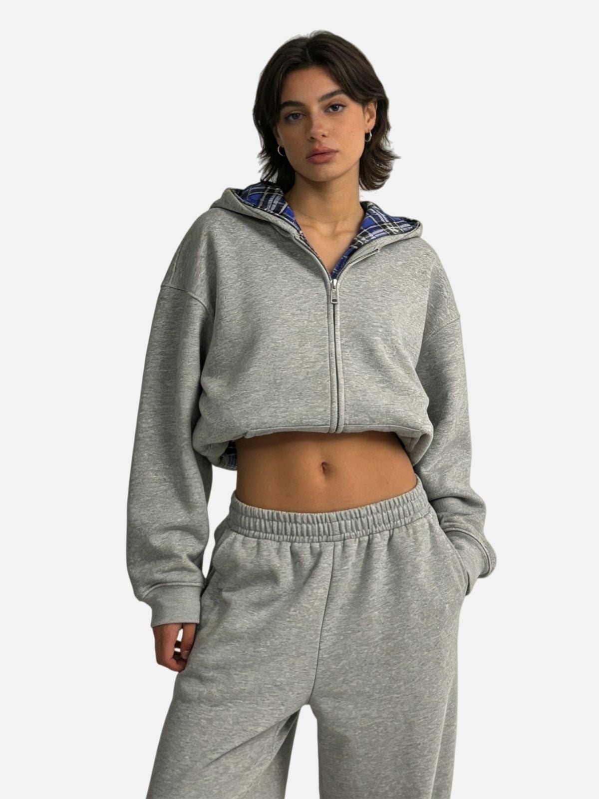 Haaura Plaid Double Layer Zip Up Hoodie