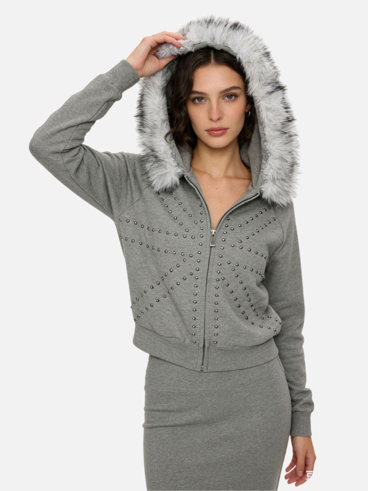 Haaura Rivet Faux Fur Collar Cropped Zip Up Hoodie