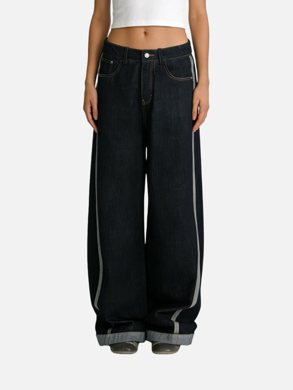 Haaura Contrast Turn-Up Baggy Jeans