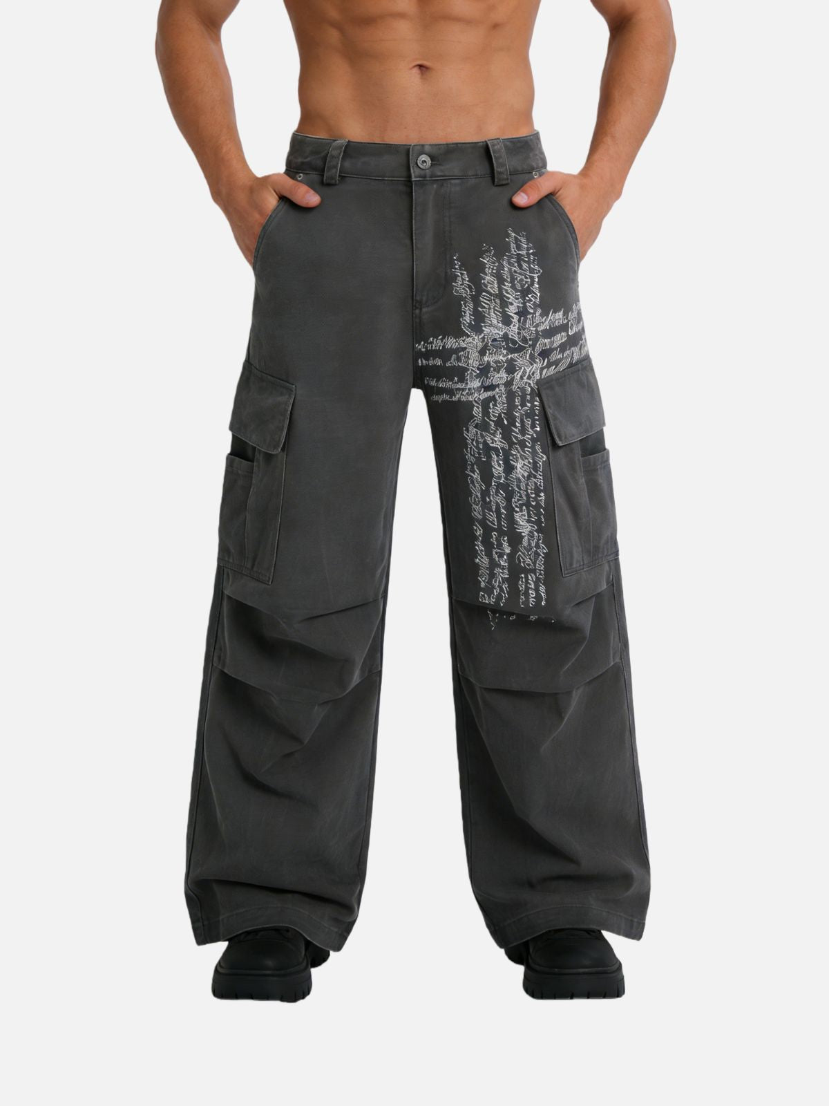Haaura Graffiti Script Wide-Leg Cargo Pants