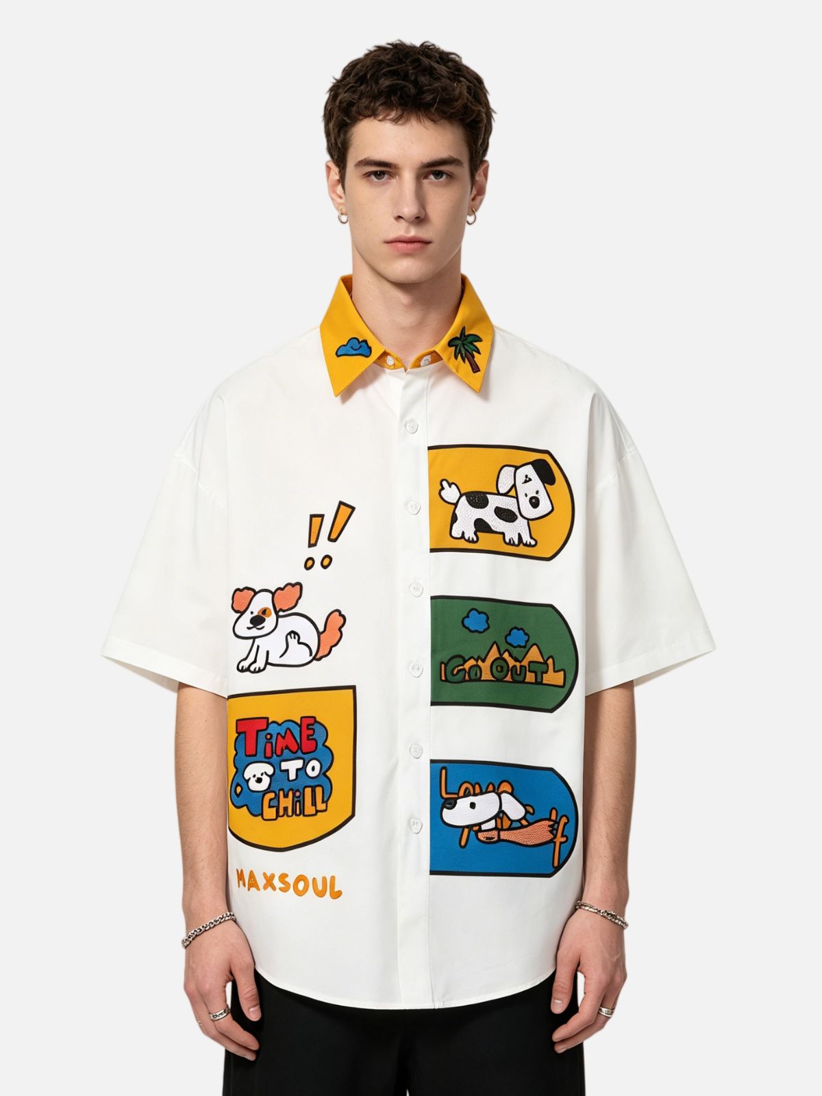 Haaura Summer Vacation Dog Print Patchwork Contrast Collar Shirt