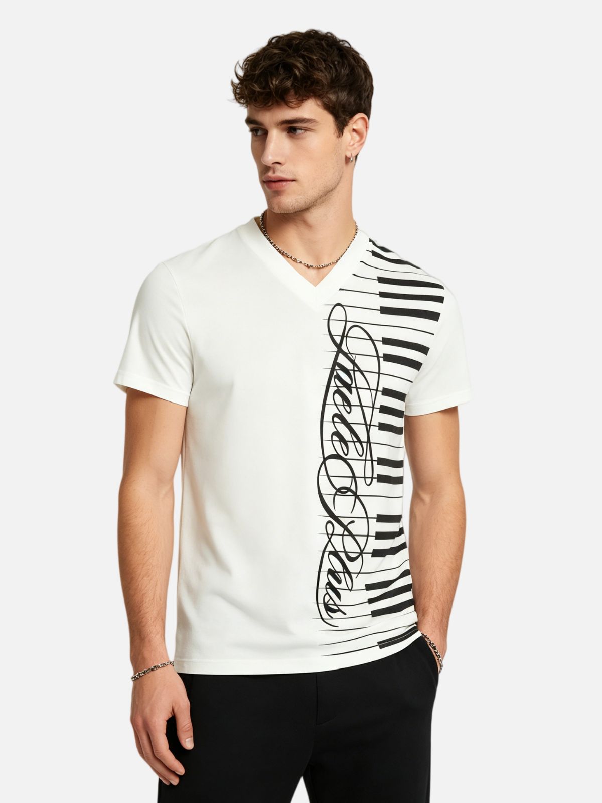 Haaura Piano Key Print V-Neck Tee