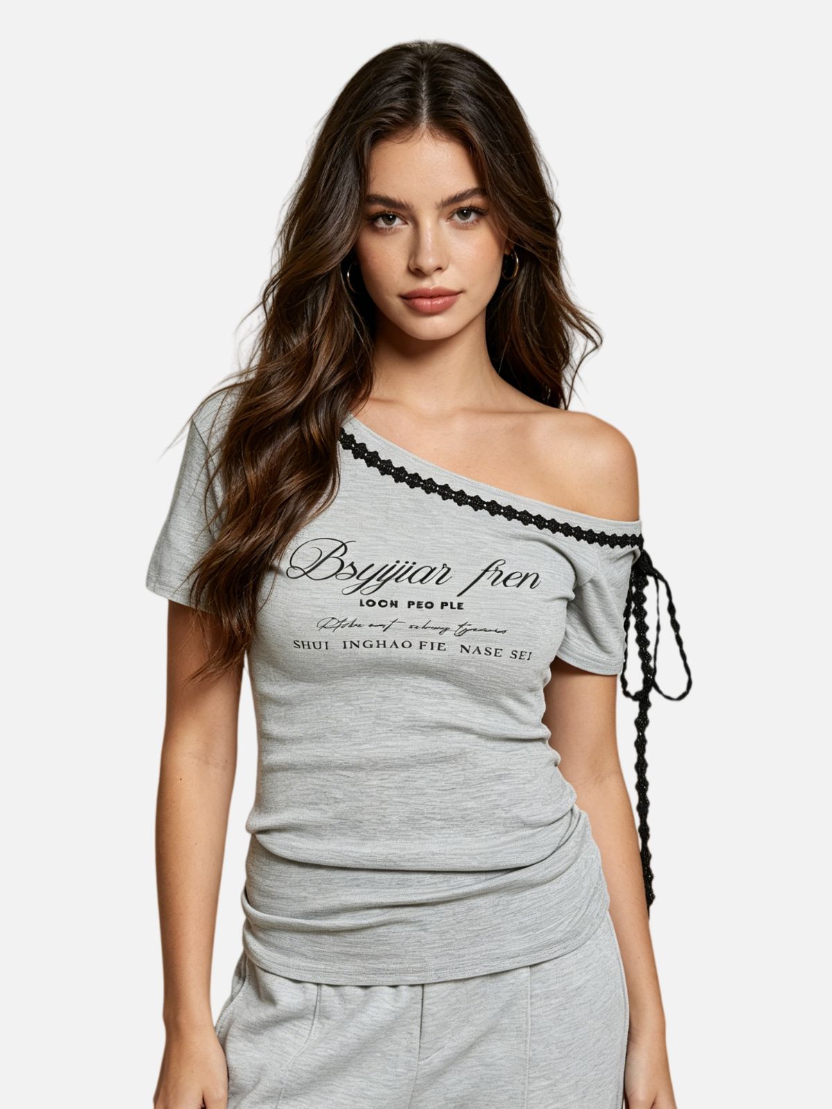 Haaura Asymmetric One-Shoulder Lace Trim Tee