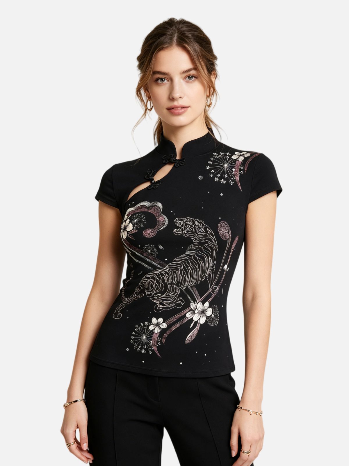 Haaura Tiger Floral Mandarin Collar Tee