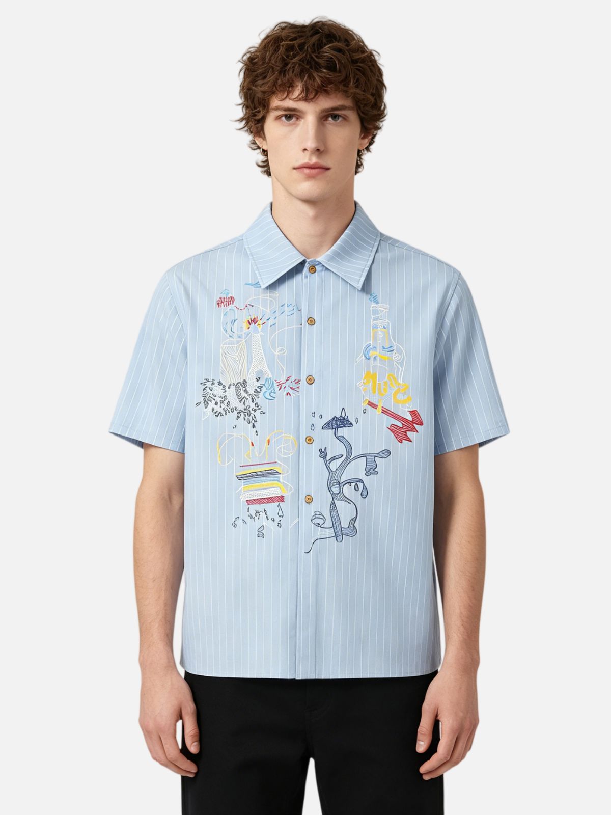 Haaura Boxy Stripe Embroidery Short Sleeve Shirt
