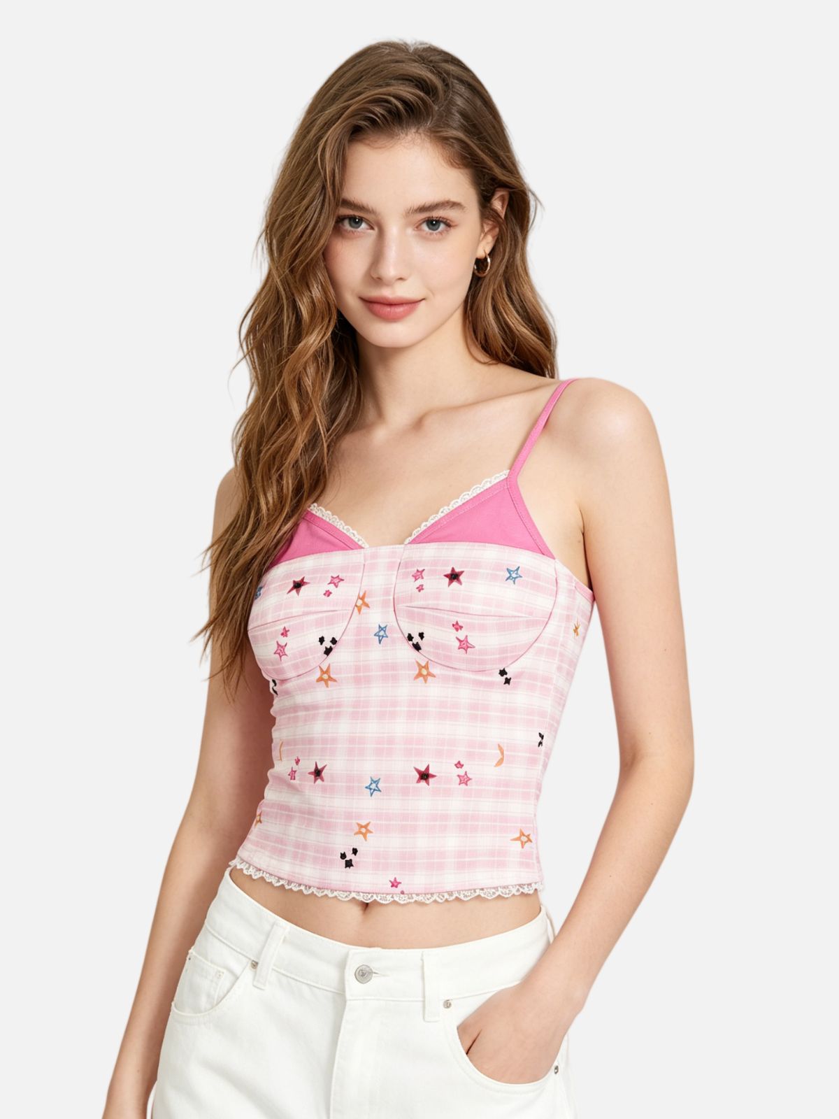 Haaura Cropped Gingham Embroidered Tank Top
