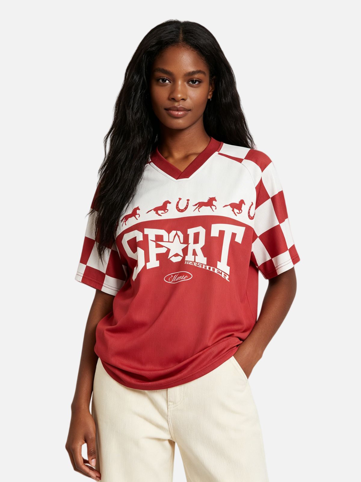 Haaura Checkered Sleeve Horse Graphic Jersey