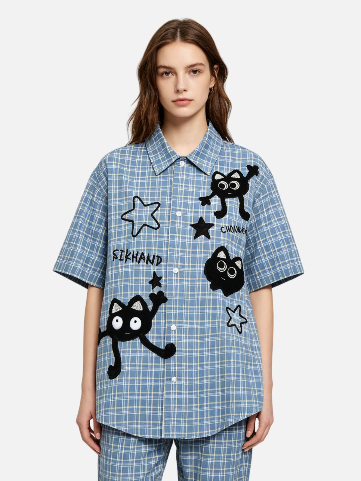 Haaura Oversized Cat & Star Embroidered Shirt