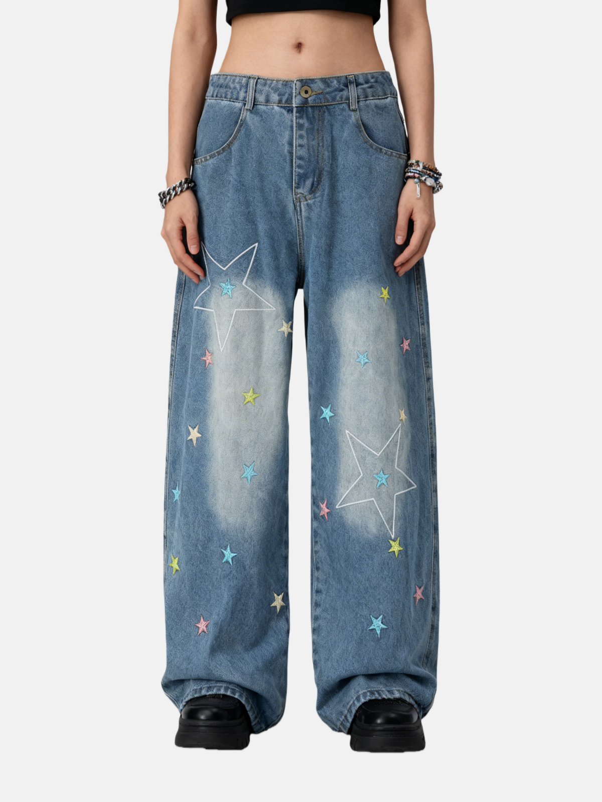 Haaura Stars Embroidery Baaggy Barrel Jeans