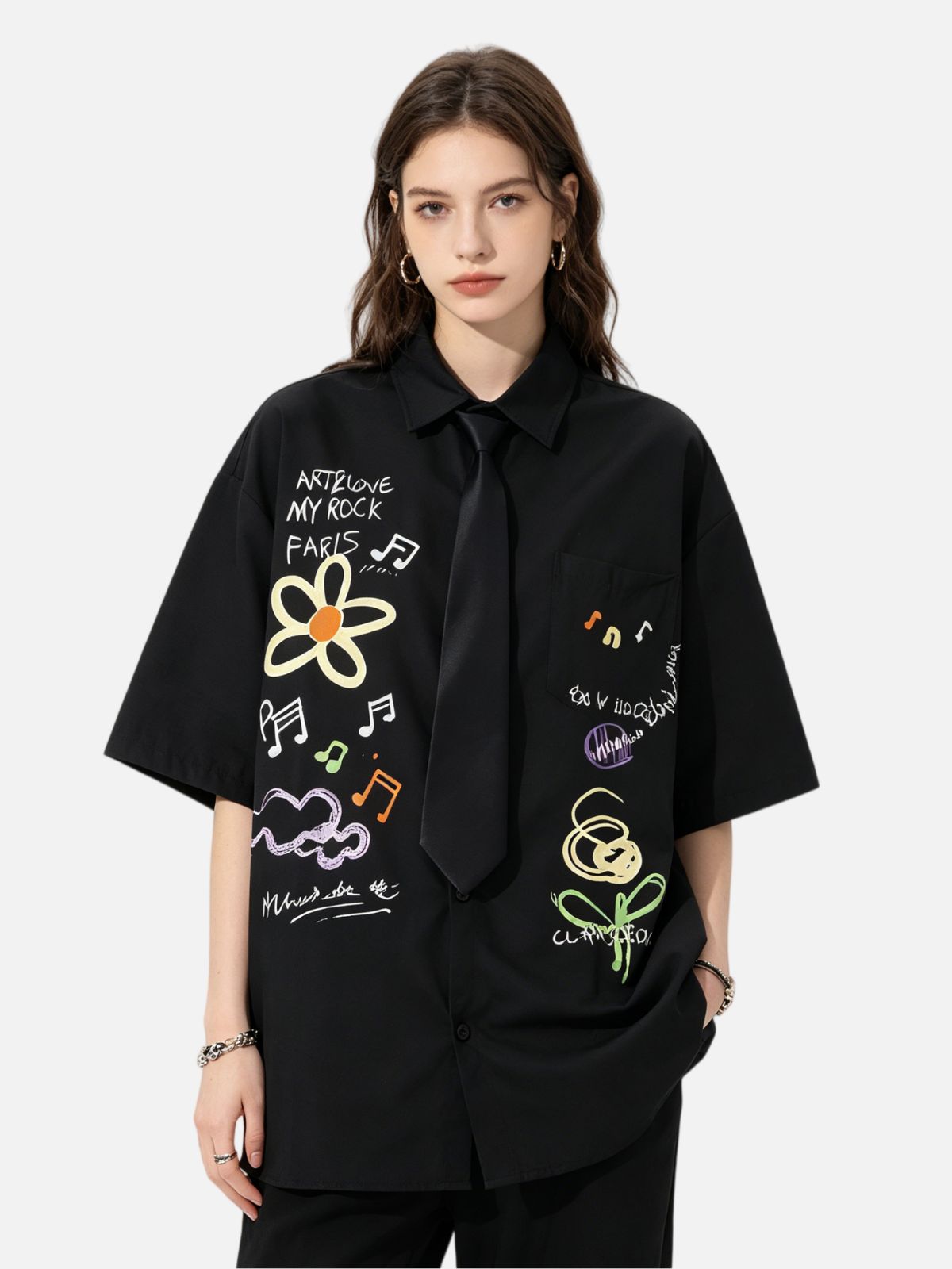 Haaura Artistic Doodle Print Fake Tie Detail Shirt