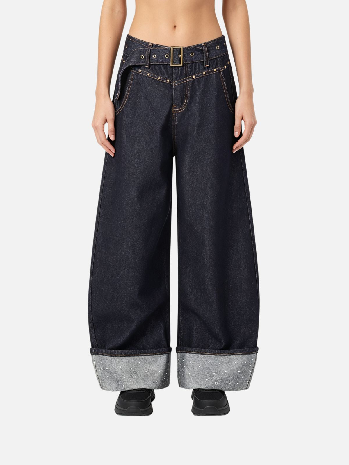 Haaura Belted Embellished Cuff Baggy Jeans
