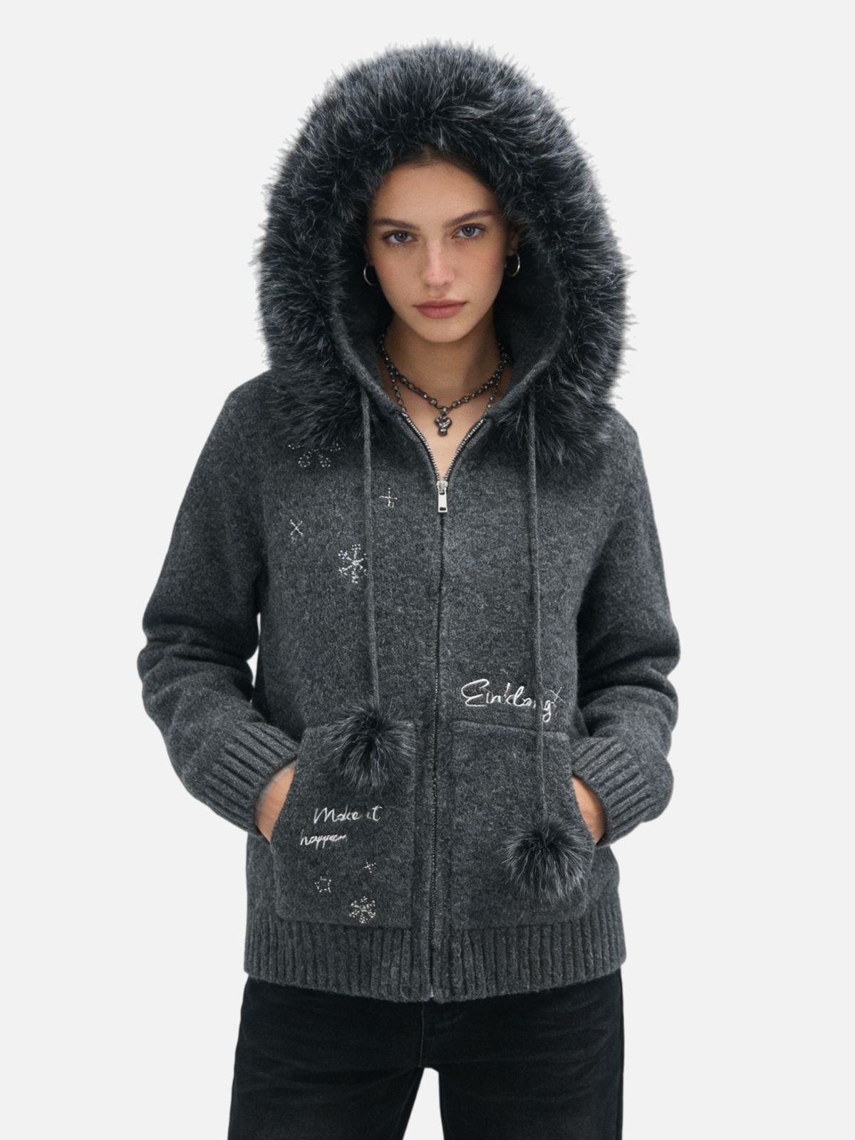 Haaura “Make It Happen” Furry-Trim Hoodie