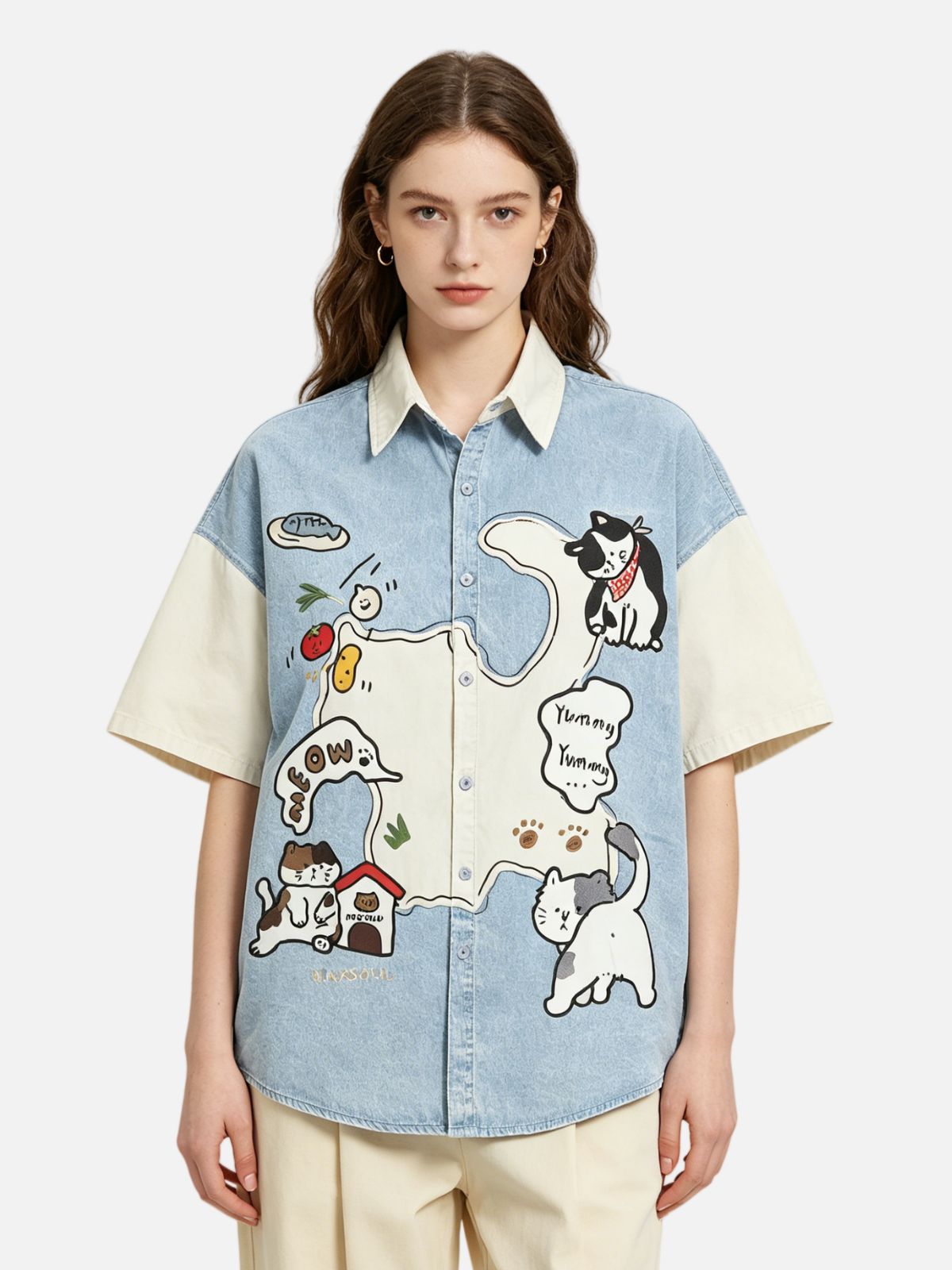 Haaura Vintage Cat Embroidered Pocket Shirt