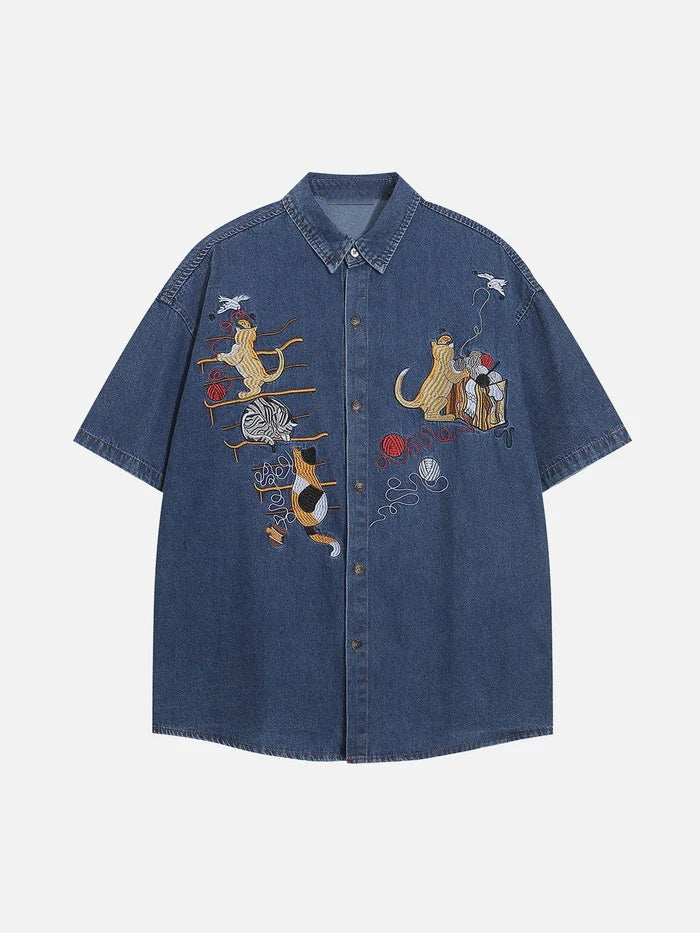 Haaura Embroidery Kitten Denim Shirt