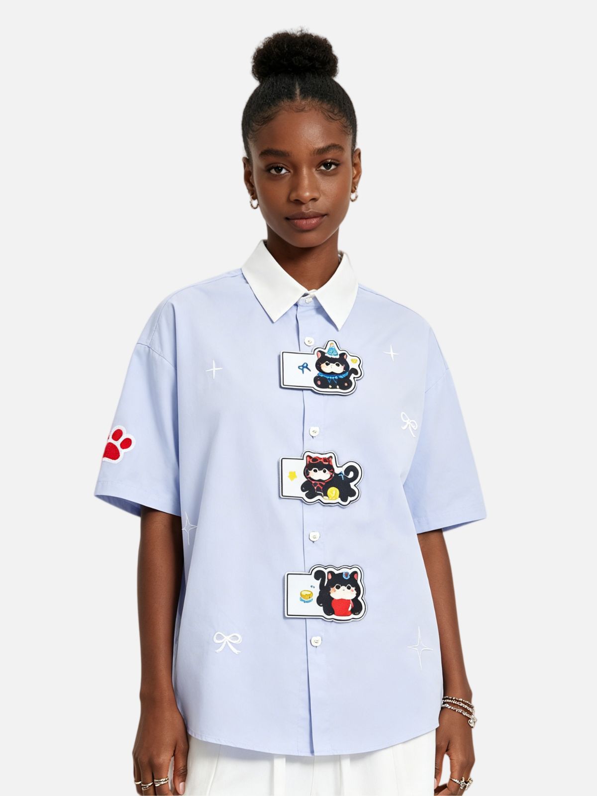 Haaura Cartoon Cat Paw Print Patches Shirt