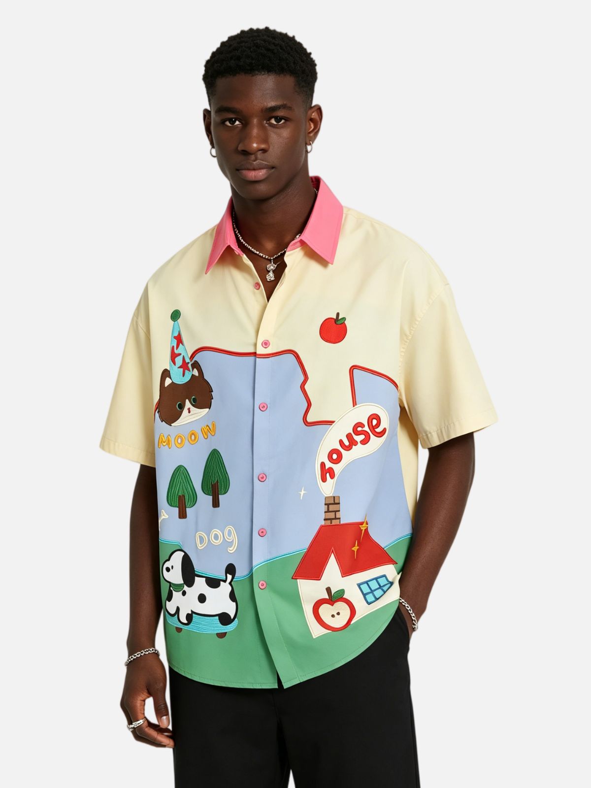 Haaura Color Block Embroidered Cartoon Shirt