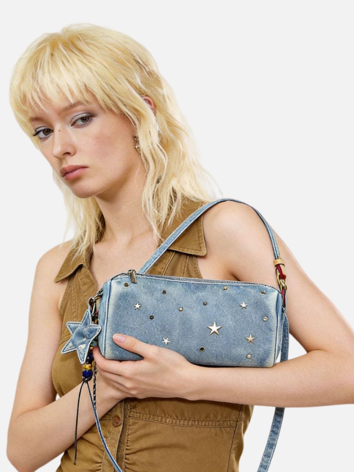 Haaura Distressed Denim Rivet & Star Charm Baguette Bag