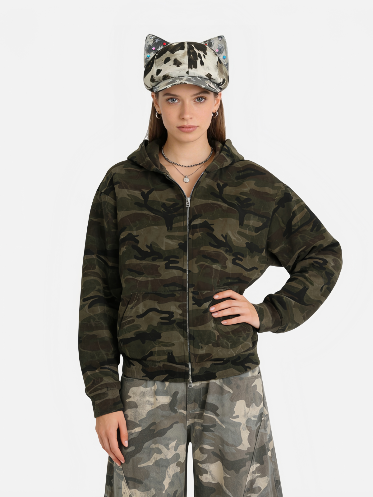 Cow Print Cat-Ear Beaded Hat