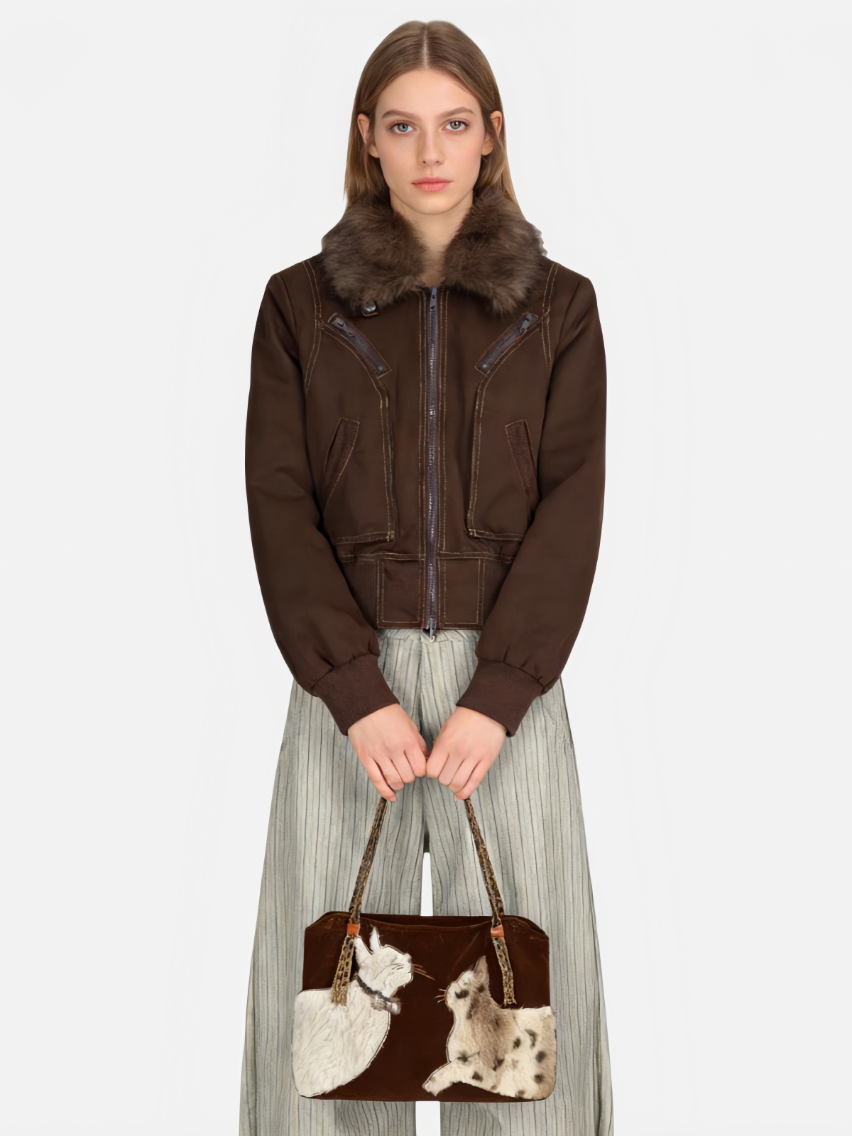Faux Suede Cat-Embroidered Tote Bag